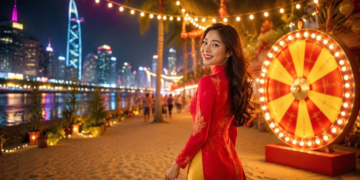 Người phụ nữ Việt Nam trong trang phục áo dài trải nghiệm chương trình rút thăm may mắn tại TP. Hồ Chí Minh