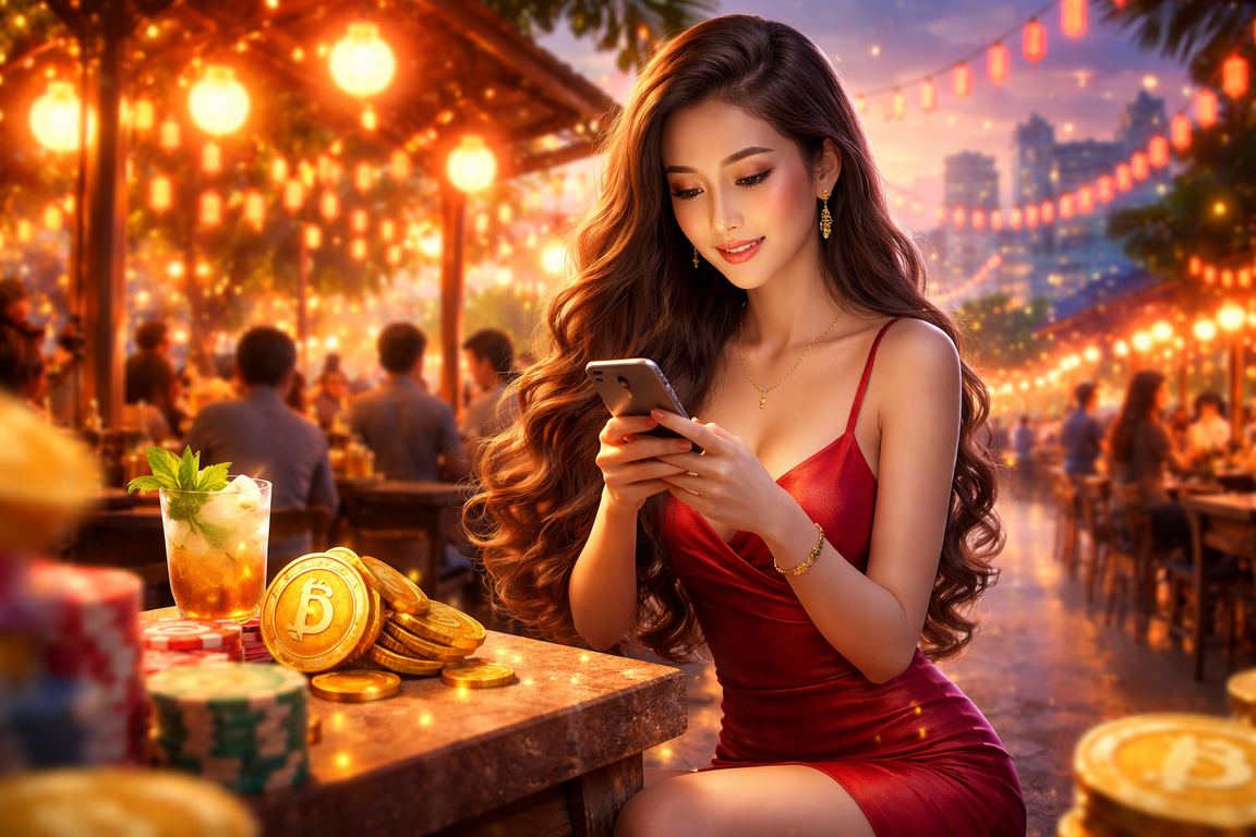 Cảnh chợ đêm Ninh Bình với biểu ngữ điều khoản dịch vụ nền tảng giải trí trực tuyến t80